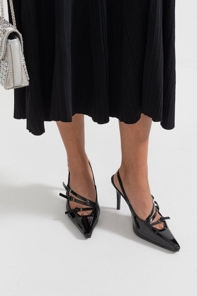 Eleganckie Błyszczące Czarne Szpilki Slingback Corinne Rove Wysoki Obcas Wegańska Skóra