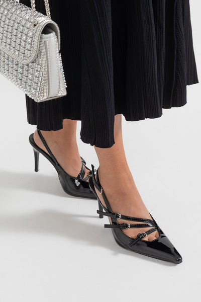 Eleganckie Błyszczące Czarne Szpilki Slingback Corinne Rove Wysoki Obcas Wegańska Skóra