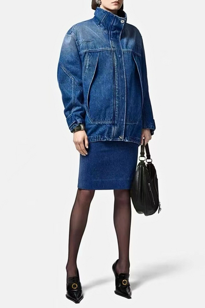 Elegancka Parka Jeansowa Naoko Damska, Wysokiej Jakości Denim, Granatowa na Okazje