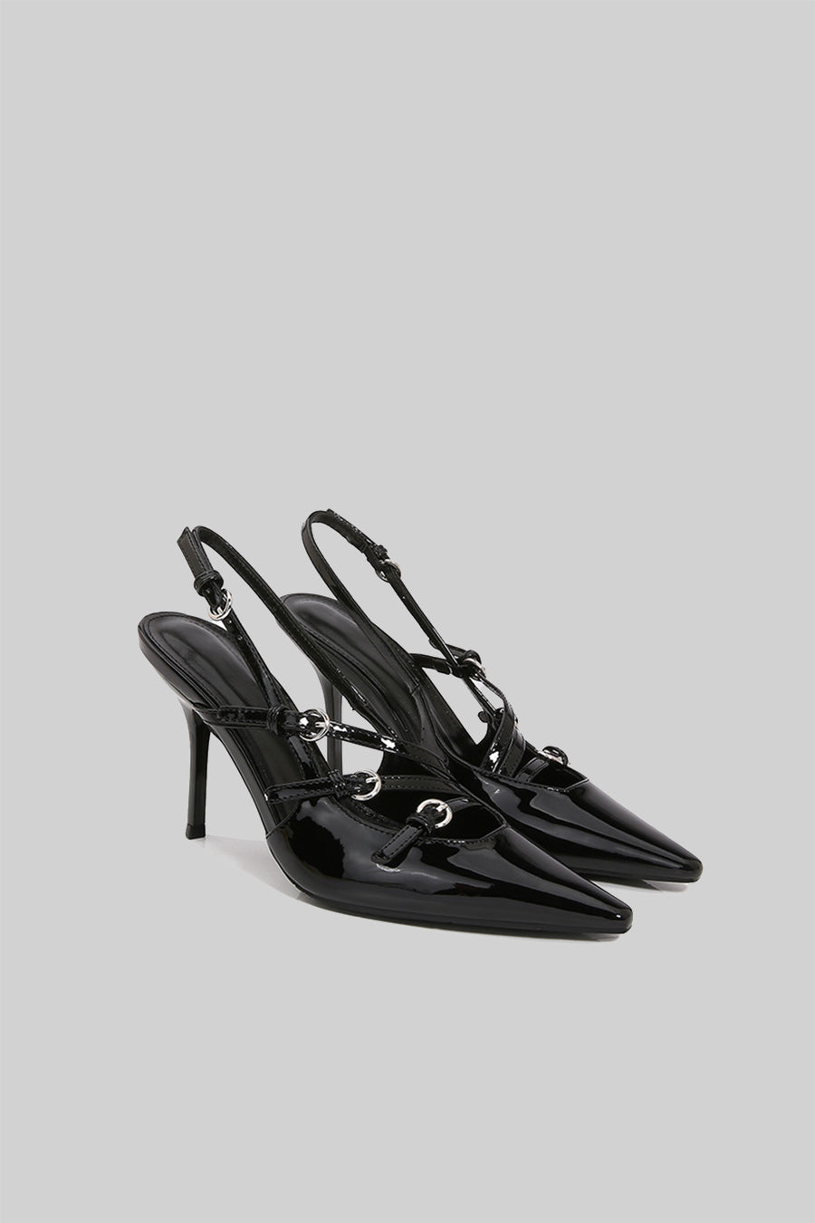 Eleganckie Błyszczące Czarne Szpilki Slingback Corinne Rove Wysoki Obcas Wegańska Skóra